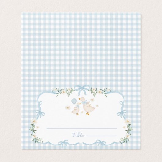 Blue Bow Silly Goose Boy Baby Shower Place Cards (Außenseite Aufgefaltet)