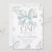 Blue Bow Silver Snow Winter Onederland Birthday Einladung (Vorderseite)