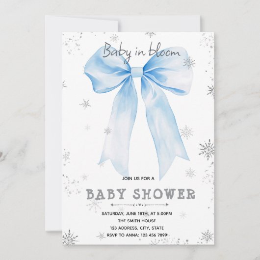 Blue Bow snowflake invitation Einladung (Vorderseite)