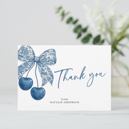 Blue Bow Something Blue Theme Bridal Shower Dankeskarte (Stehend Vorderseite)