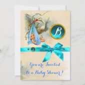 BLUE BOW STORK BABY BOY SHOWER GEMSTONE MONOGRAM EINLADUNG (Vorderseite)