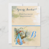 BLUE BOW STORK BABY BOY SHOWER GEMSTONE MONOGRAM EINLADUNG (Rückseite)