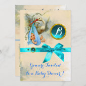 BLUE BOW STORK BABY BOY SHOWER GEMSTONE MONOGRAM EINLADUNG (Vorne/Hinten)