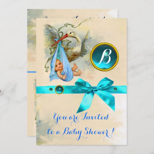 BLUE BOW STORK BABY BOY SHOWER GEMSTONE MONOGRAM EINLADUNG (Vorne/Hinten)