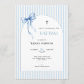 Blue Bow Striped Baptism Invitation for Boys Einladung (Vorderseite)
