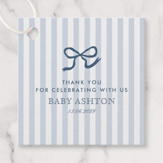 Blue Bow & Stripes Baby Dusche Geschenkanhänger (Vorderseite)