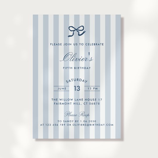 Blue Bow & Stripes Boy zum Geburtstag Einladung