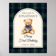 Blue Bow Teddy Bear Birthday Welcome Sign