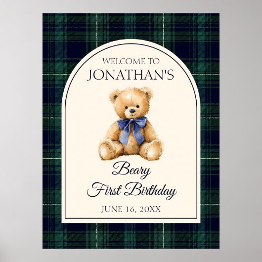 Blue Bow Teddy Bear Birthday Welcome Sign Poster (Vorne)