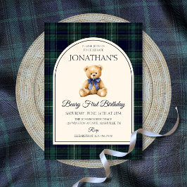 Blue Bow Teddy Bear Tartan Birthday Einladung