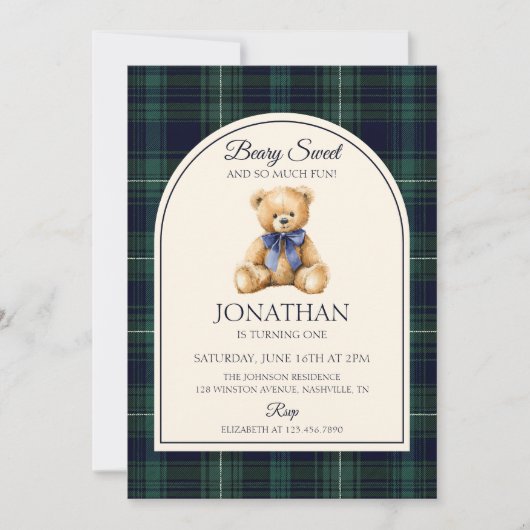 Blue Bow Teddy Bear Tartan Birthday Einladung (Vorderseite)