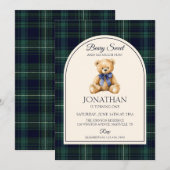 Blue Bow Teddy Bear Tartan Birthday Einladung (Vorne/Hinten)
