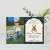 Blue Bow Teddy Bear Tartan Photo Birthday Einladung (Stehend Vorderseite)