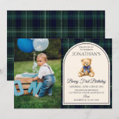 Blue Bow Teddy Bear Tartan Photo Birthday Einladung (Vorne/Hinten)