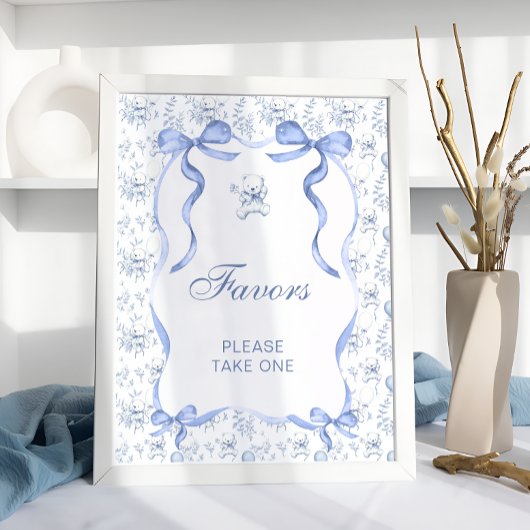 Blue Bow Toile Bear Baby Shower Favoriten Poster