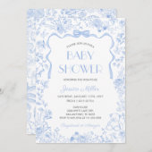 Blue Bow Toile De Jouy Boy Baby Shower Einladung (Vorne/Hinten)
