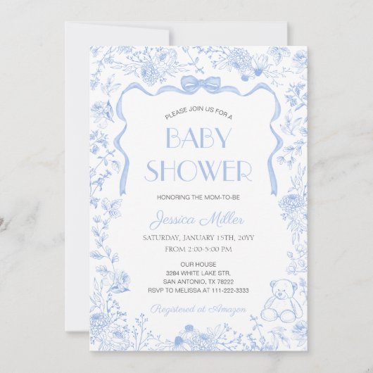 Blue Bow Toile De Jouy Boy Baby Shower Einladung (Vorderseite)