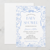 Blue Bow Toile De Jouy Boy Baby Shower Einladung (Vorne/Hinten)