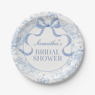 Blue Bow Toile Floral Brautparty Paper Teller