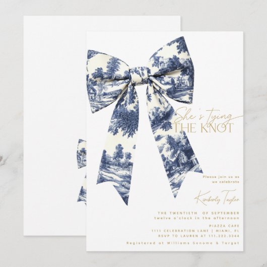 Blue Bow Toile Sie bindet das Brautparty des Knote Einladung (Vorne/Hinten)