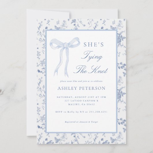 Blue Bow Toile Sie bindet das Brautparty des Knote Einladung (Vorderseite)