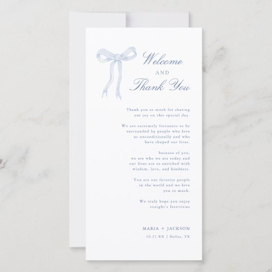 Blue Bow Toile Willkommen und vielen Dank Platzkar Dankeskarte (Vorderseite)