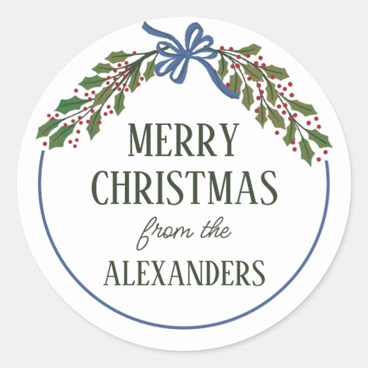 Blue Bow und Holly Garland Weihnachten Runder Aufkleber (Vorderseite)