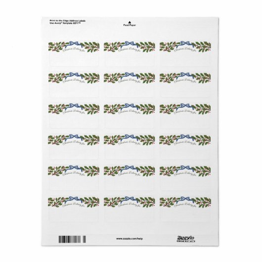 Blue Bow und Holly Garland Weihnachtslieferung Adressaufkleber (Vorne)