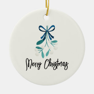 Blue Bow und Mistletoe Keramik Ornament