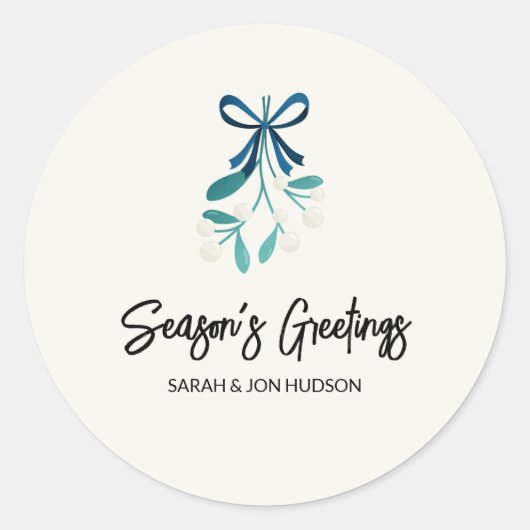 Blue Bow und Mistletoe Runder Aufkleber (Vorderseite)