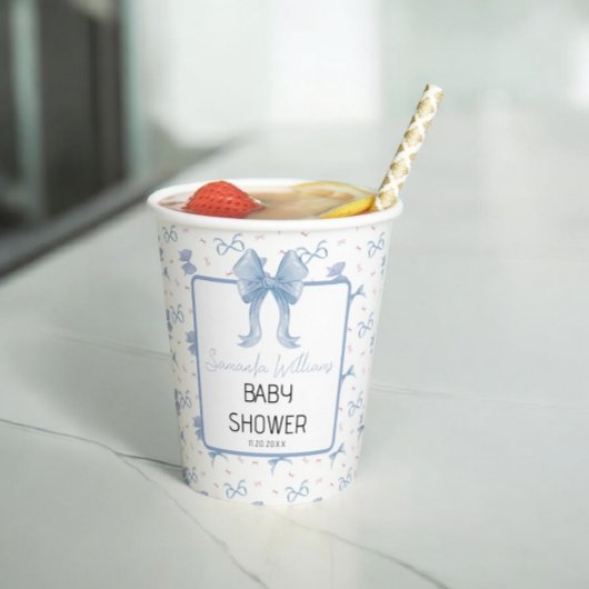 Blue Bow Watercolor Baby Dusche Pappbecher