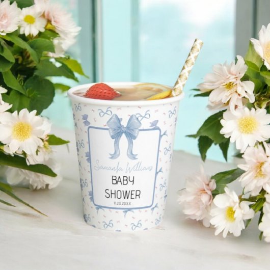 Blue Bow Watercolor Baby Dusche Pappbecher