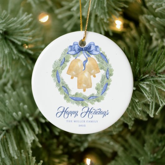 Blue Bow Watercolor Wreath Grandmillenial Keramik Ornament (Baum)