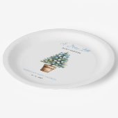 Blue Bow Weihnachtsbaum Merry Little Baby Dusche Pappteller (Schrägansicht)