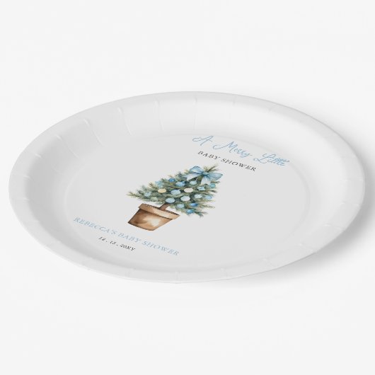 Blue Bow Weihnachtsbaum Merry Little Baby Dusche Pappteller (Schrägansicht)