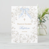 blue bow white baby's breath flowers Baptism Einladung (Stehend Vorderseite)