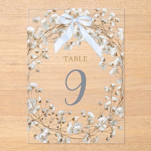  blue bow white baby's breath flowers table number acryleinladungen (Vorderseite)