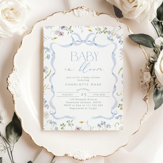 Blue Bow Wildblume Baby in Bloom Baby Boy Dusche Einladung
