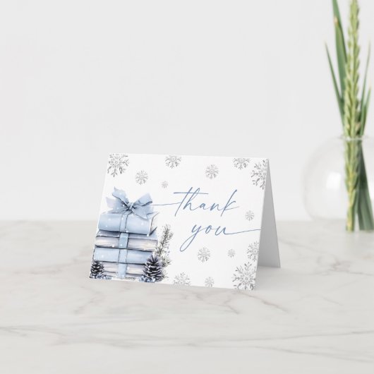Blue Bow Winter Baby Shower, A New Chapter Begins Dankeskarte (Vorderseite)