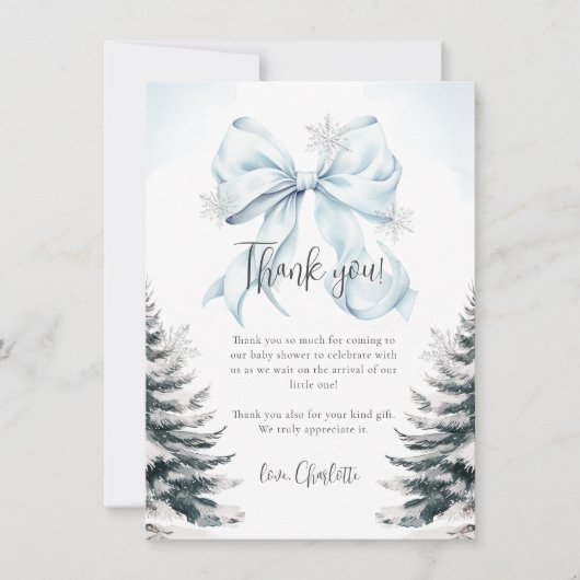 Blue Bow Winter Baby Shower Flat Thank You Card Dankeskarte (Vorderseite)