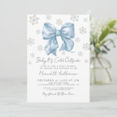 Blue Bow Winter Boy Baby Dusche Einladung (Stehend Vorderseite)