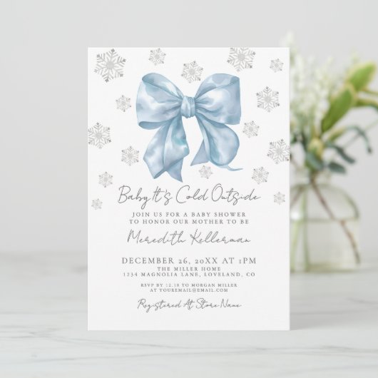 Blue Bow Winter Boy Baby Dusche Einladung (Stehend Vorderseite)