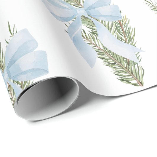 Blue Bow Winter Green Wrapping Paper Geschenkpapier (Rolleneckpunkt)