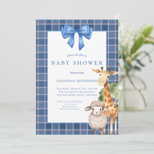 Blue Bow Woodland Animals Baby Dusche Einladung (Stehend Vorderseite)