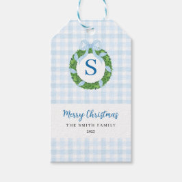 Blue Bow Wreath Gingham Christmas Geschenkanhänger