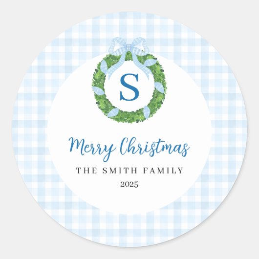 Blue Bow Wreath Gingham Christmas  Runder Aufkleber (Vorderseite)
