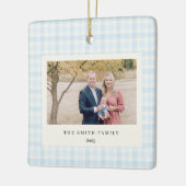 Blue Bow Wreath Gingham Photo Christmas Keramikornament (Links)