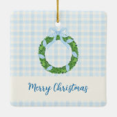 Blue Bow Wreath Gingham Photo Christmas Keramikornament (Rückseite)