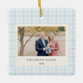 Blue Bow Wreath Gingham Photo Christmas Keramikornament (Vorderseite)