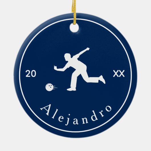 Blue Bowler Silhouette Player Coach Name & Year Keramik Ornament (Hinten)